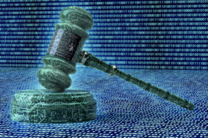 legal computer judge concept, cyber gavel,3D illustration law AI