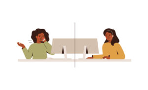 Woman at home talks to operator call center. Service consultant help female customer online. Remote conversation between client and assistant of support line. Vector illustration