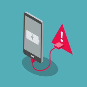 Juice jacking attack symbol with a smartphone and a red USB charging port, isolated on blue background. Flat design, easy to use for your website or presentation.